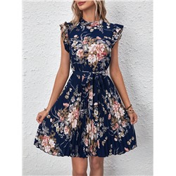 SHEIN LUNE Kleid mit Gürtel, Blume Muster, Rüschenbesatz, Falten am Saum,