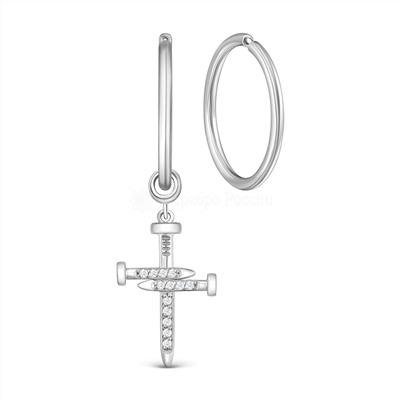 Серьги-конго женские с гвоздиками в виде креста из серебра с фианитами родированные (2 в 1, съёмный элемент), диаметр 1,5 см 925 пробы 421-10-647р