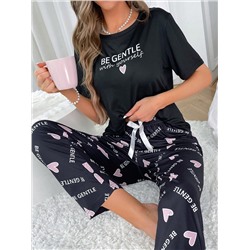 Pyjama Set mit Herz & Buchstabe Grafik, Schleife vorne,