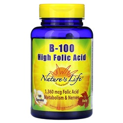 Nature's Life B-100, Высокое содержание фолиевой кислоты, 1360 мкг, 100 капсул
