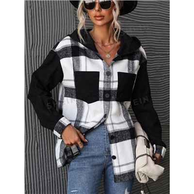 SHEIN LUNE Mantel mit Kapuze, Plaid Muster, Drop Shoulder