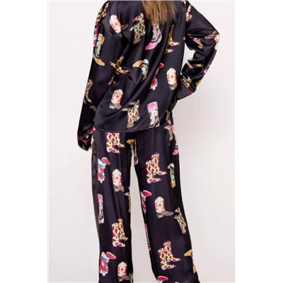 Black Western Cowgirl Boots Printed Satin Long Pajama Set