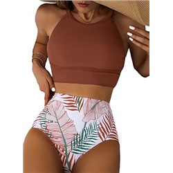 Herseas Women's Bikini Sets High Neck Tropical Leaf Print High Waisted Two Pieces Swimsuits Bathing Suits