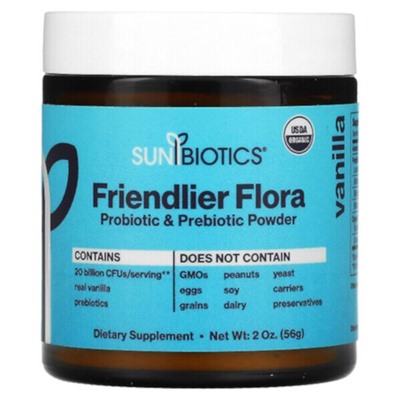 Sunbiotics Friendlier Flora Пробиотик и Пребиотик в порошке, Ваниль - 56 г - Sunbiotics