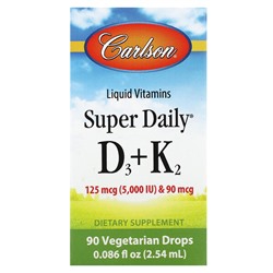 Carlson Super Daily D3 + K2, 125 мкг (5000 МЕ) & 90 мкг, 90 растительных капель, 2.54 мл - Carlson