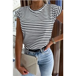 Striped Rolled Cap Sleeve Round Neck T Shirt