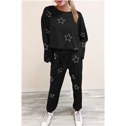 Black Stars Print Long Sleeve Drawstring High Waist Lounge Set