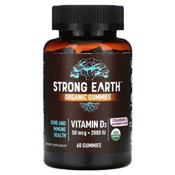 Yum V's Органические жевательные конфеты Strong Earth, витамин D3, клубника и малина, 2000 МЕ, 60 жевательных таблеток (25 мкг (1000 МЕ) на жевательную резинку)