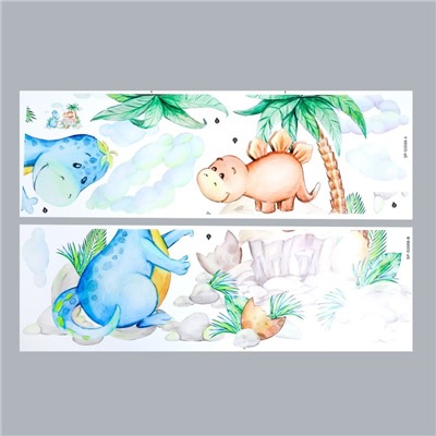 Наклейка пластик интерьерная цветная "Малыши динозаврики" набор 2 листа 30х90 см