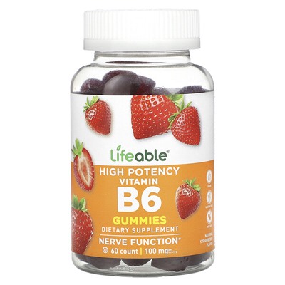 Lifeable Высокоэффективные жевательные конфеты с витамином B6, натуральная клубника, 100 мг, 60 жевательных конфет (50 мг на жевательную конфету)