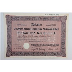 Акция Общество страхования жизни в Лейпциге, 1000 рейхсмарок 1925 г, Германия