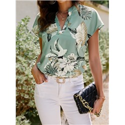 SHEIN Clasi Bluse mit Blume Muster, eingekerbtem Kragen, Fledermausärmeln