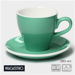 Кофейная пара фарфоровая Magistro Coffee time, 2 предмета: чашка 280 мл, блюдце d=15,5 см, цвет бирюзовый