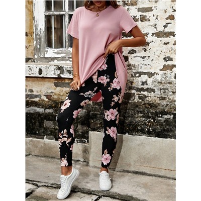 SHEIN VCAY Einfarbiges T-Shirt mit & Blume Muster, Leggings mit