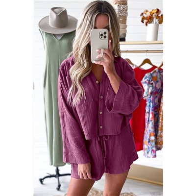 Textured Dolman Sleeve Cropped Shirt and Shorts Set