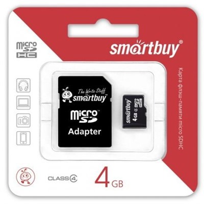 Карта памяти Micro SDHC 4Gb Smartbuy Class 4 + адаптер SD (SB4GBSDCL4-01)