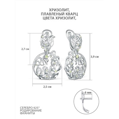 Кольцо из серебра с хризолитом, плавленым кварцем цвета хризолит и фианитами родированное К-3484рс40610600н