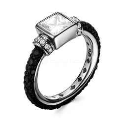 Кольцо из серебра с кожей ската, эмалью, ювелирным стеклом и кубическим цирконием родированное 925 пробы SE2661-R-2