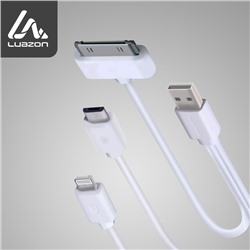 Кабель 3 в 1 Luazon, microUSB/Lightning/iPhone 30-pin - USB, 1 А, 0.2 м, белый