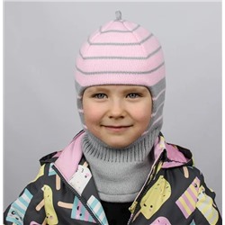 Шапка-шлем вязаный "Полоска". Цвет: серый/розовый