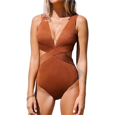 CUPSHE One Piece Swimsuit for Women Bathing Suit V Neck Cutout Sexy Swimwear Wide Straps Back Hook Shiny Texture