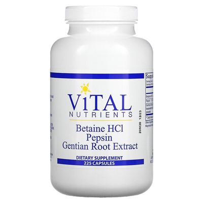 Vital Nutrients Бетаин HCl, пепсин, экстракт корня горечавки, 225 капсул