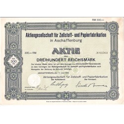 Акция Производство целлюлозы и бумаги в Ашаффенбурге, 300 рейхсмарок 1929 г, Германия