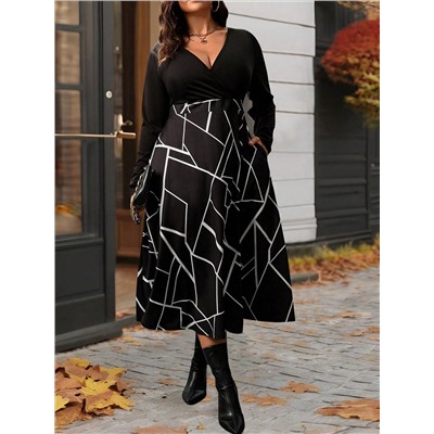 SHEIN LUNE Damen Große Größen Frühling Herbst V-Ausschnitt Langarm Kleid mit geometrischem Muster und Tasche, Lässig