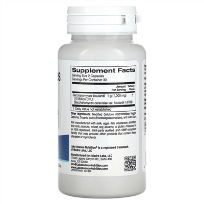 Lake Avenue Nutrition Saccharomyces Boulardii, 10 Billion CFU, 60 Veggie Capsules