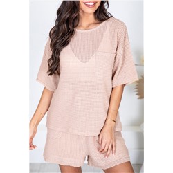 Apricot Pink Waffle Knit Short Sleeve Tee and Shorts Lounge Set