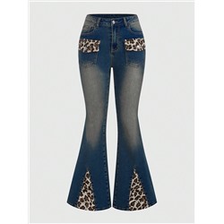 ROMWE Grunge Punk Y2k Vintage Leopardenmuster Patchwork-design Skinny Flared-jeans Für Frauen